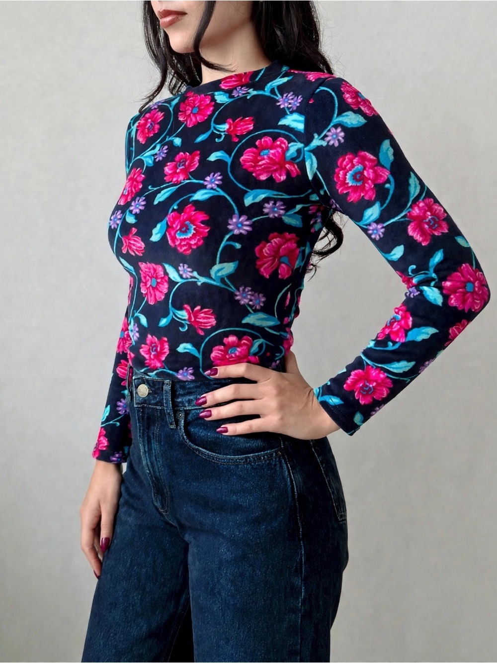 Floral Long Sleeve Fleece Sweatshirt Vintage Style Women’s Size L